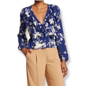 NWT Wayf Double Ruffle V Neck Long Sleeve Blue Floral Blouse
